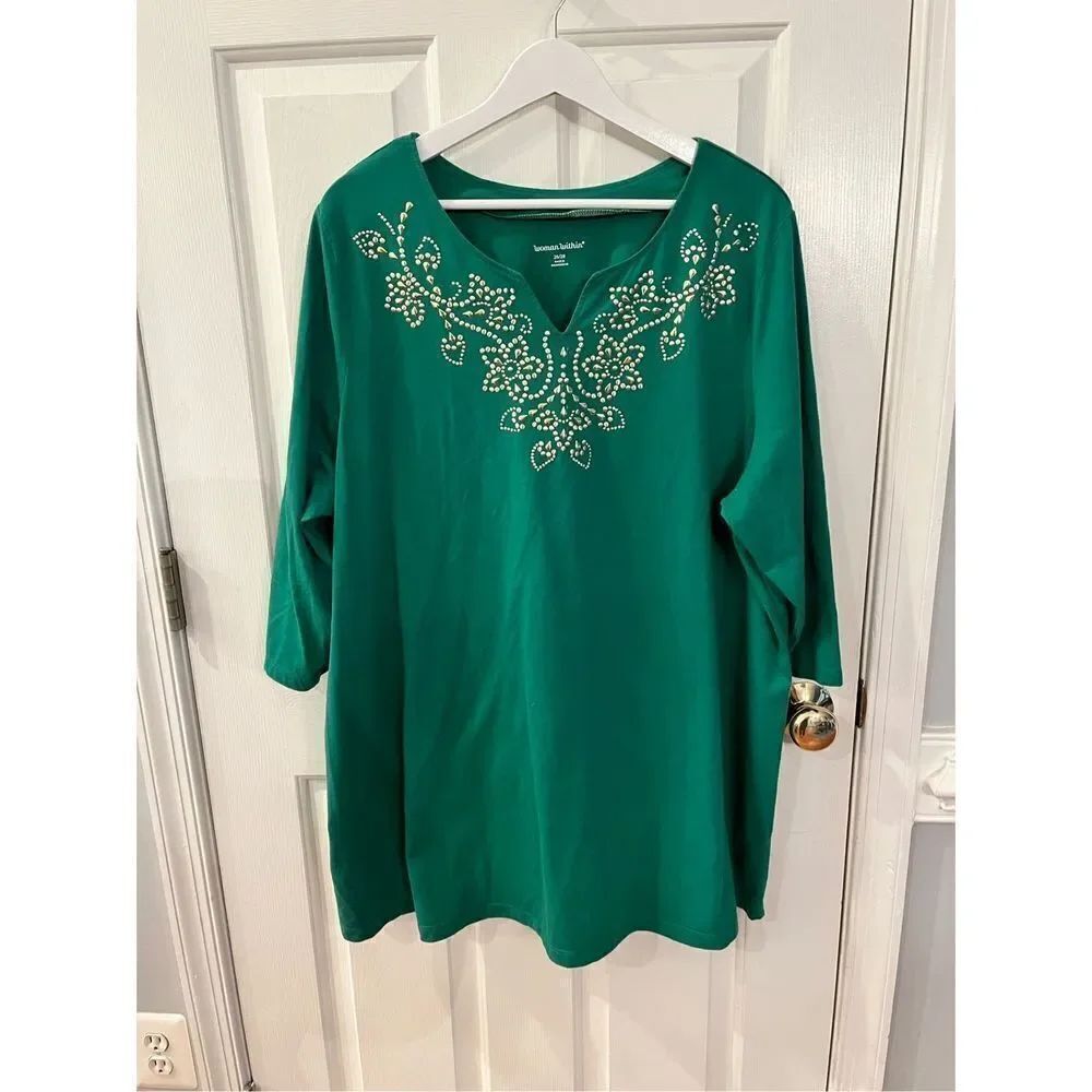 Woman Within Green & Gold Stud St. Patrick’s Day Tunic sz 26/28 EUC